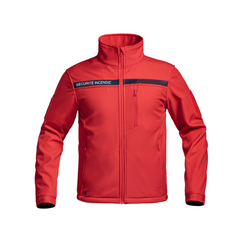 Veste softshell rouge pour sécurité incendie de la marque A10 Equipment avec marquage poitrine, bande bleue et compatibilité porte-carte velcro. Tailles XS à 4XL.