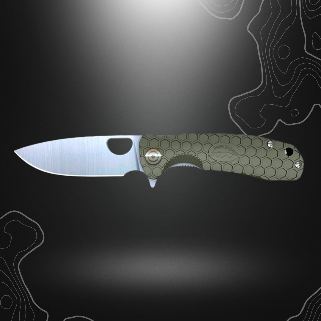 Large couteau pliant Flipper vert Honey Badger avec lame en acier 8Cr13MoV gravable, manche robuste en FRN et clip de transport.