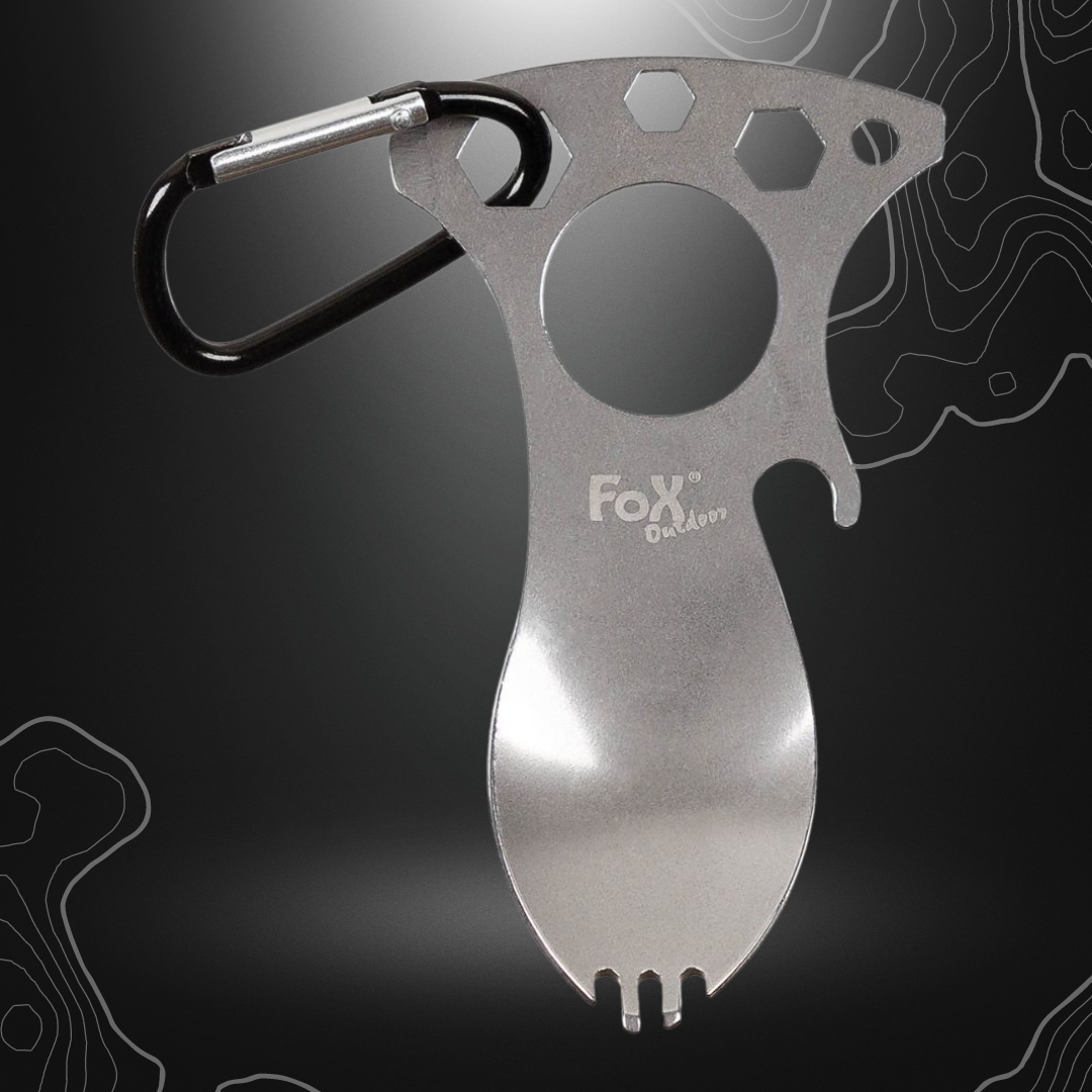 Fourchette multifonction avec mousqueton Fox Outdoor en inox incluant cuillère, ouvre-bouteille, tournevis/décapsuleur et cléf de différentes tailles