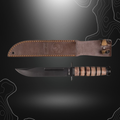 USMC combat knife with leather sheath by Miltec, featuring a 17cm matte black blade, 30cm total length, all made with 100% steel and bovine leather