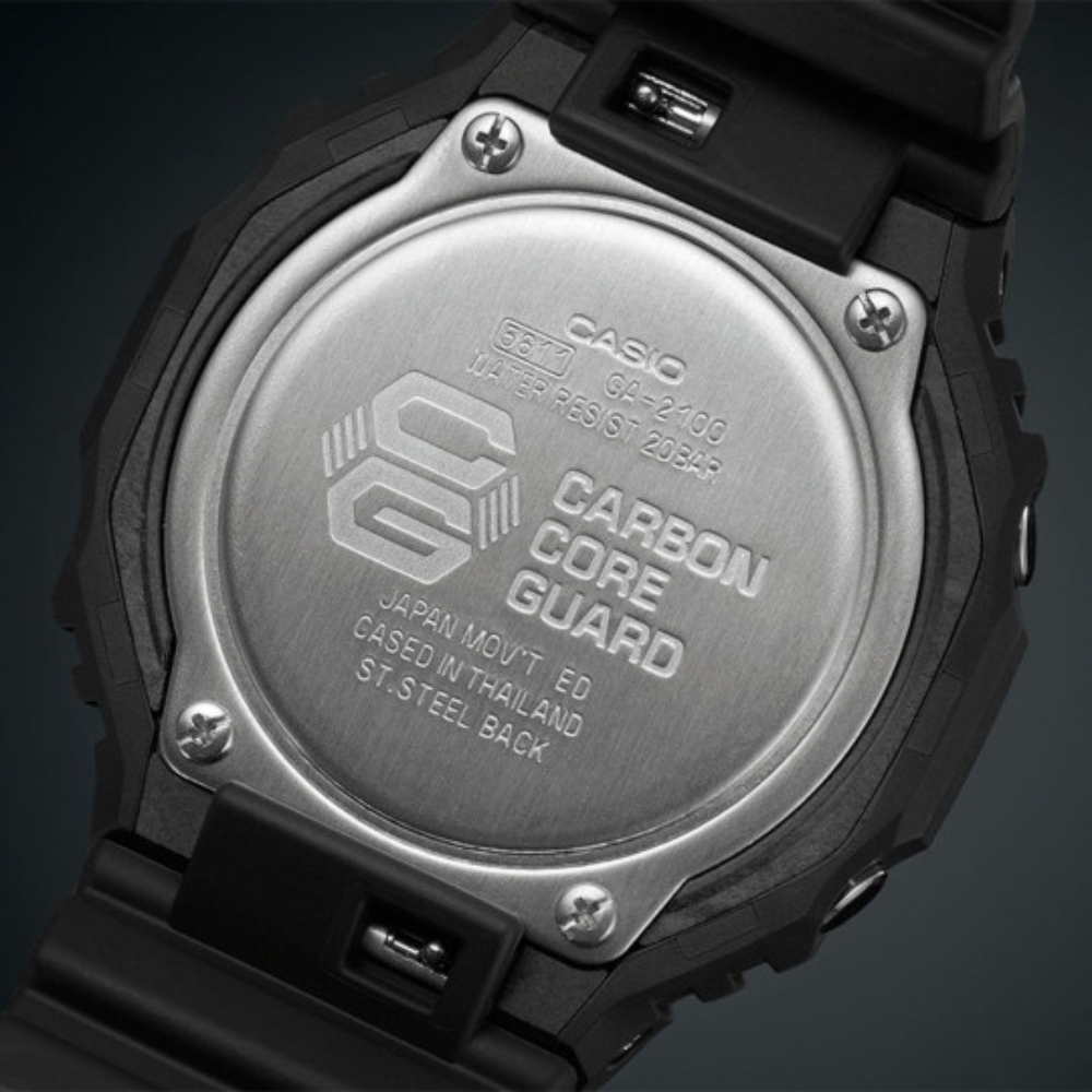 Montre-bracelet G-Shock GA-2100 noir/gris de Casio avec cadran en verre minéral et bracelet en résine, proposant des fonctionnalités pratiques comme un calendrier automatique, un