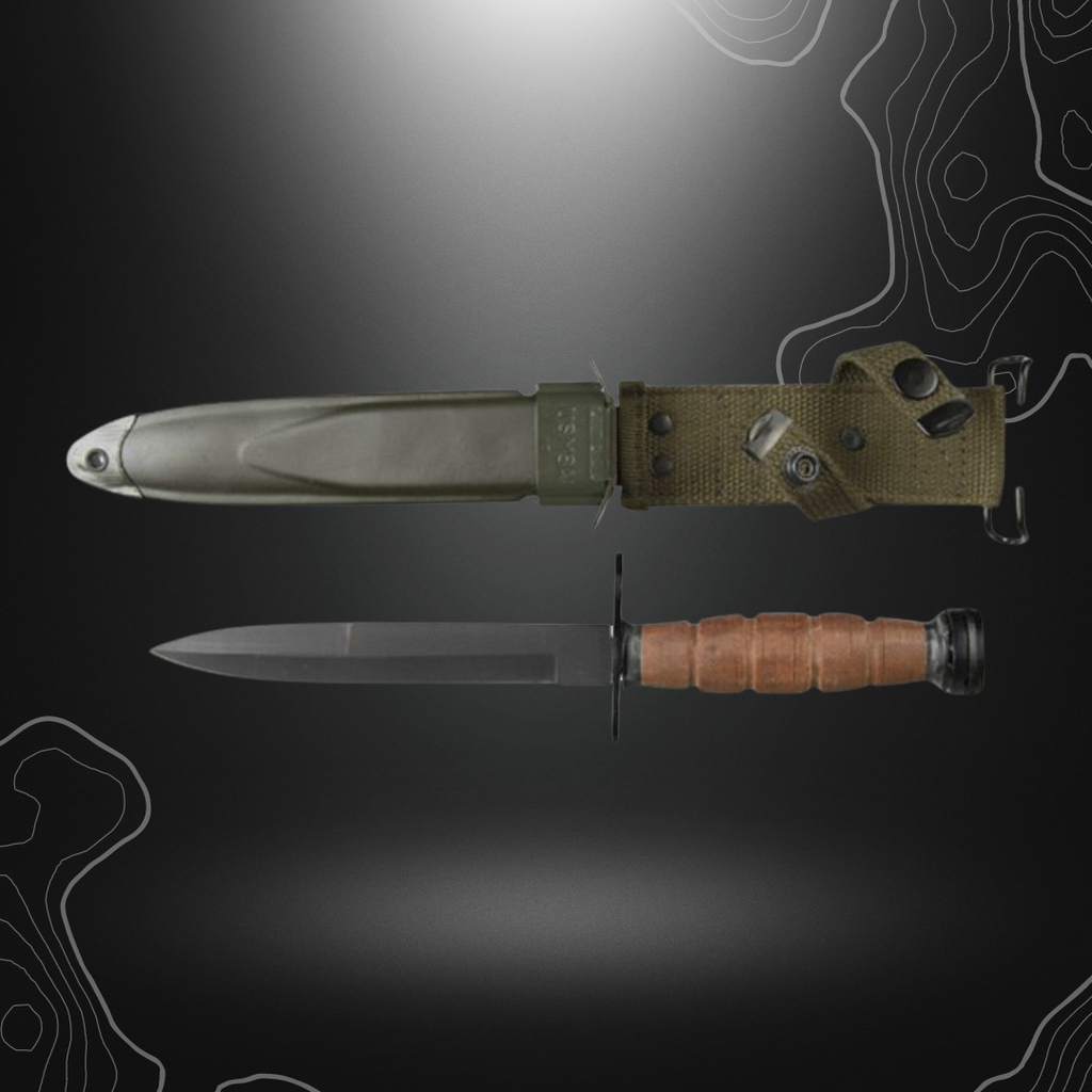 Baïonnette US M4 Repro - Miltec avec lame en acier 420, étui en acier et cuir, longueur de lame de 16cm et longueur totale de 29cm, vente inter