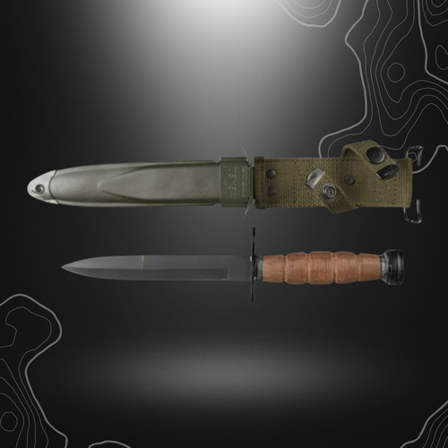 Baïonnette US M4 Repro - Miltec avec lame en acier 420, étui en acier et cuir, longueur de lame de 16cm et longueur totale de 29cm, vente inter
