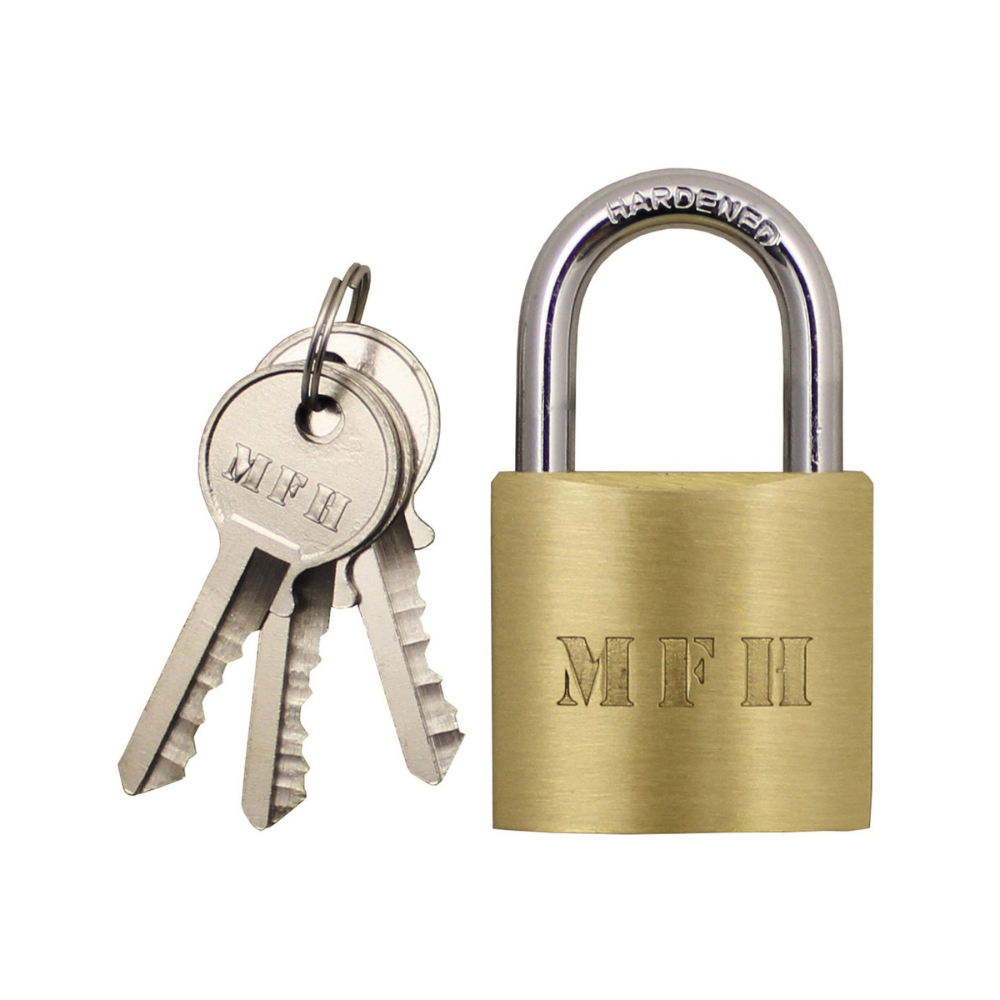 Petit cadenas en métal avec trois clés de 6x4 cm de MFH, utilisable pour sécuriser des armes, des casques de protection et des sacs à dos