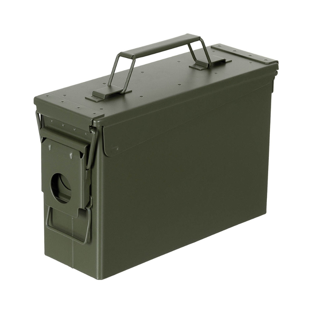 Caisse à munitions US Cal. 50 M2A1 étanche en métal vert avec fermeture à levier et poignée pliable