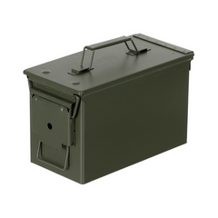 Caisse à munition US calibre 50, M2A1 en métal vert étanche avec couvercle en caoutchouc, fermeture à levier et poignée pliable, dimensions extérieures