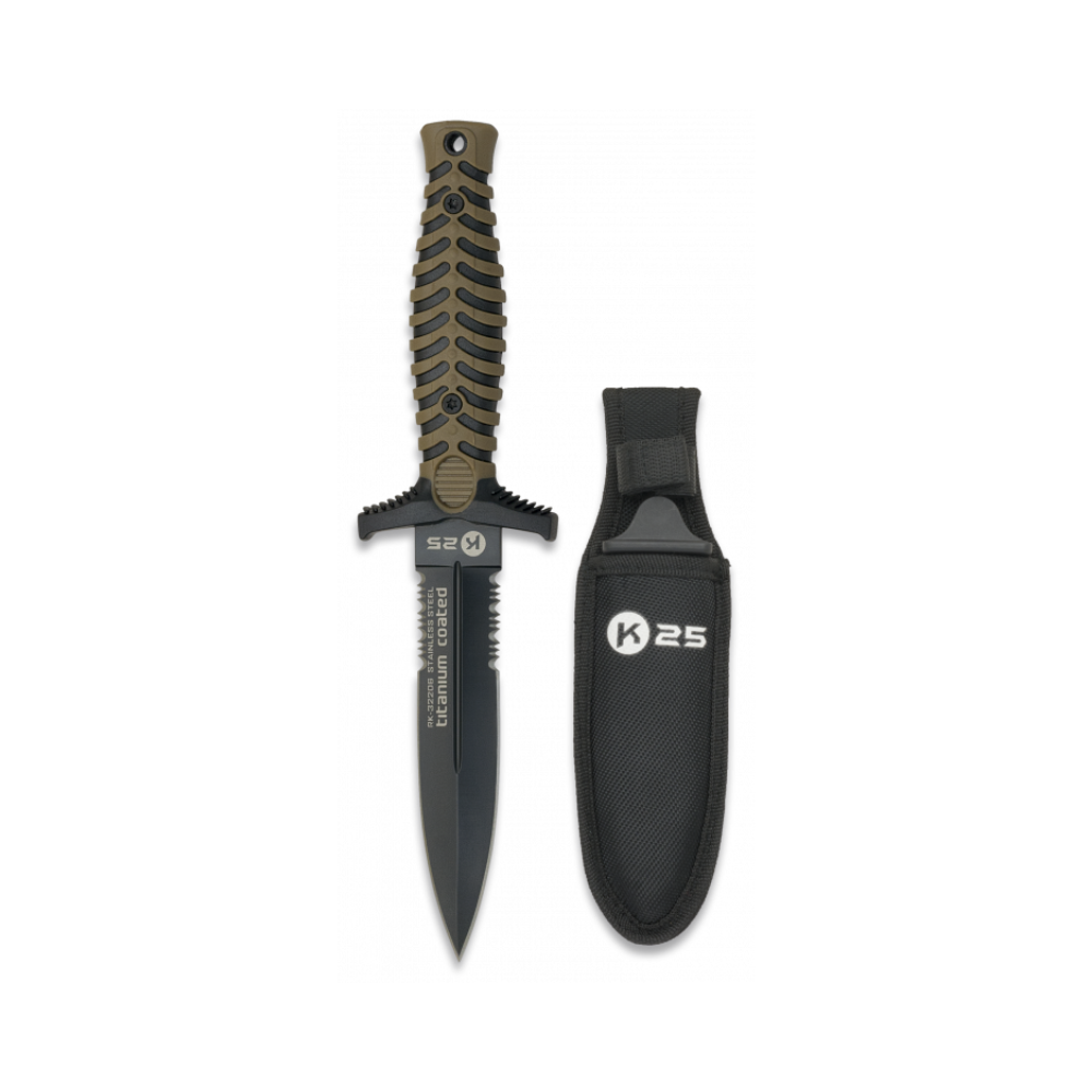 Robuste couteau de botte K25 Coyote 32206 avec lame en acier inox revêtue de titane et manche en caoutchouc de couleur coyote et noire