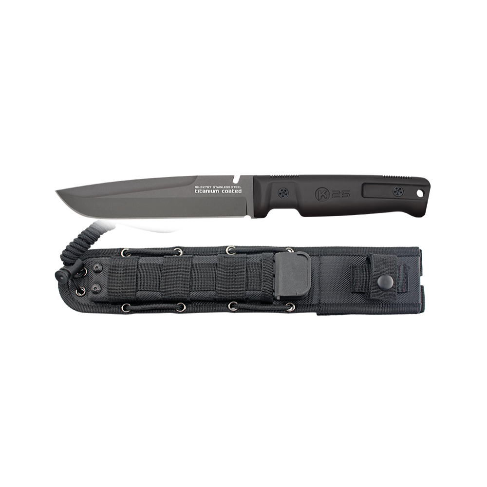 Balise alt : Couteau tactique noir K25 modèle 32757 avec manche en caoutchouc et lame en acier inoxydable plaqué titane de 15 cm