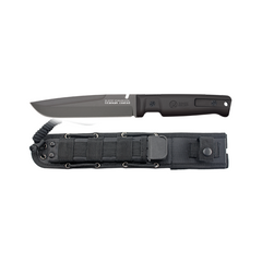 Balise alt : Couteau tactique noir K25 modèle 32757 avec manche en caoutchouc et lame en acier inoxydable plaqué titane de 15 cm