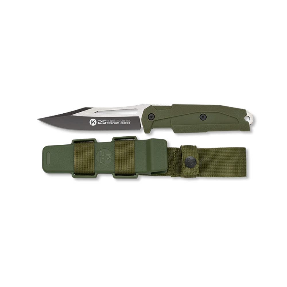 K25 couteau tactique fixe 32758 vert avec lame de 11,50 cm, manche en caoutchouc de 12,30 cm et étui en ABS et nylon