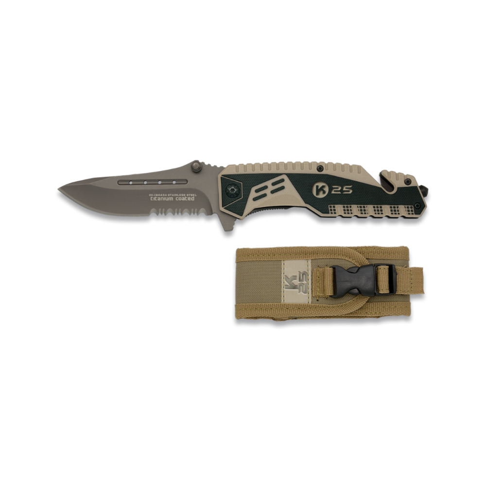 K25 Couteau tactique pliant modèle 19443 avec brise-vitre et double coupe-ceinture en acier inoxydable, noir et beige