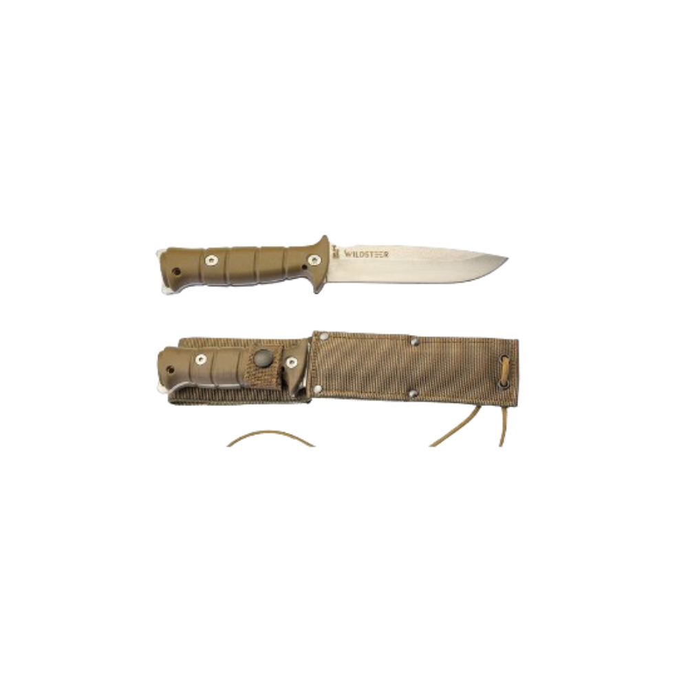 Le couteau militaire Tarasco avec lame fixe et étui coyote, conçu avec l'expertise du 13ème Régiment de Dragons Parachutistes pour des utilisations bushcraft et tactiques.