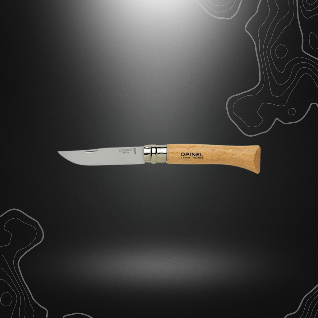 Iconique couteau pliant Opinel N°10 avec manche en hêtre et lame inoxydable.