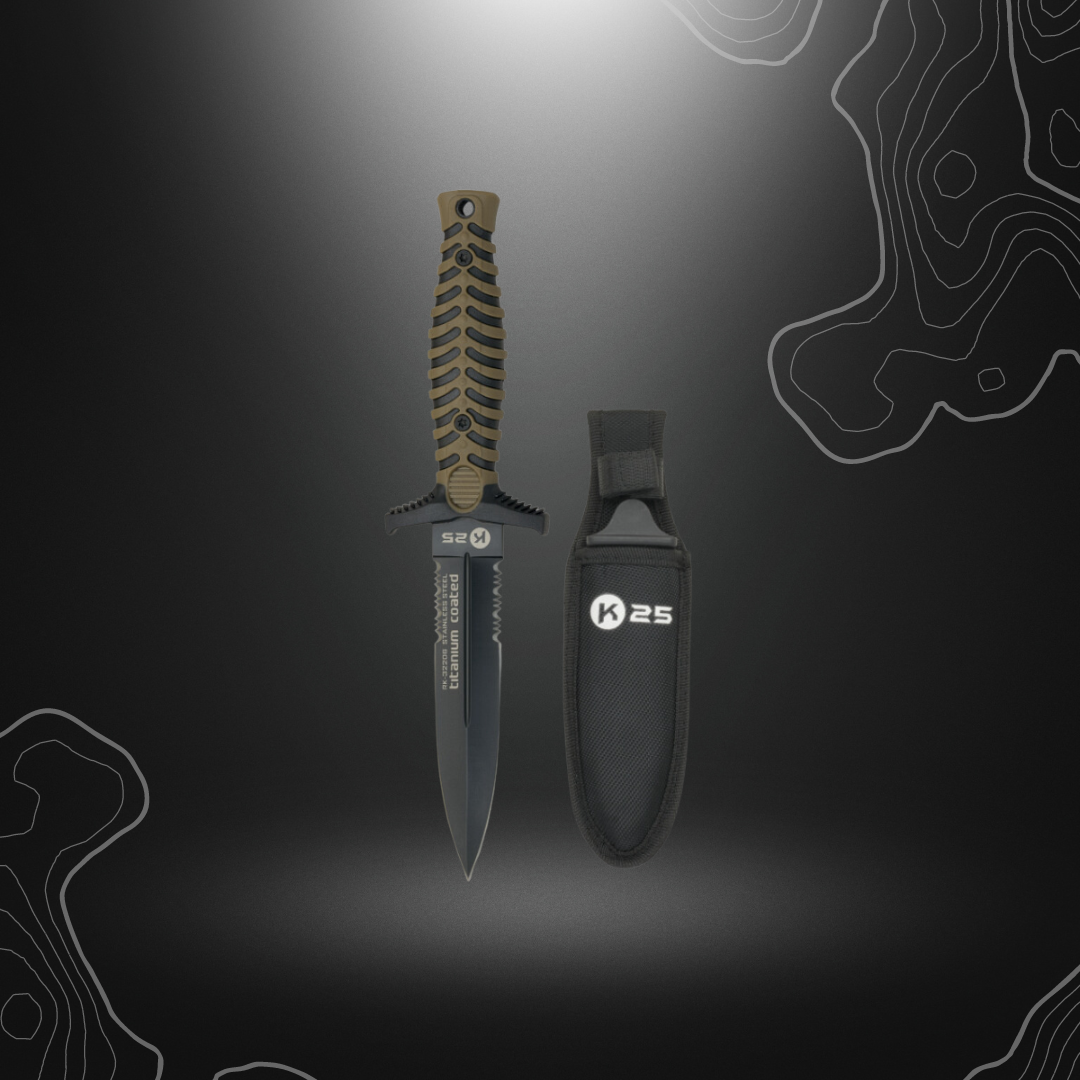 Robuste couteau de botte K25 Coyote 32206 avec lame en acier inox 7Cr17Mov revêtue de titane, manche en caoutchouc et étui en nylon