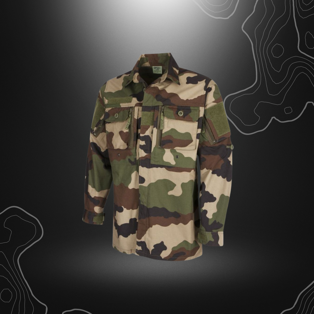 Chemise de combat guerilla ripstop Opex en polyester-coton, avec empiècements aux coudes et 8 poches, en destockage taille M