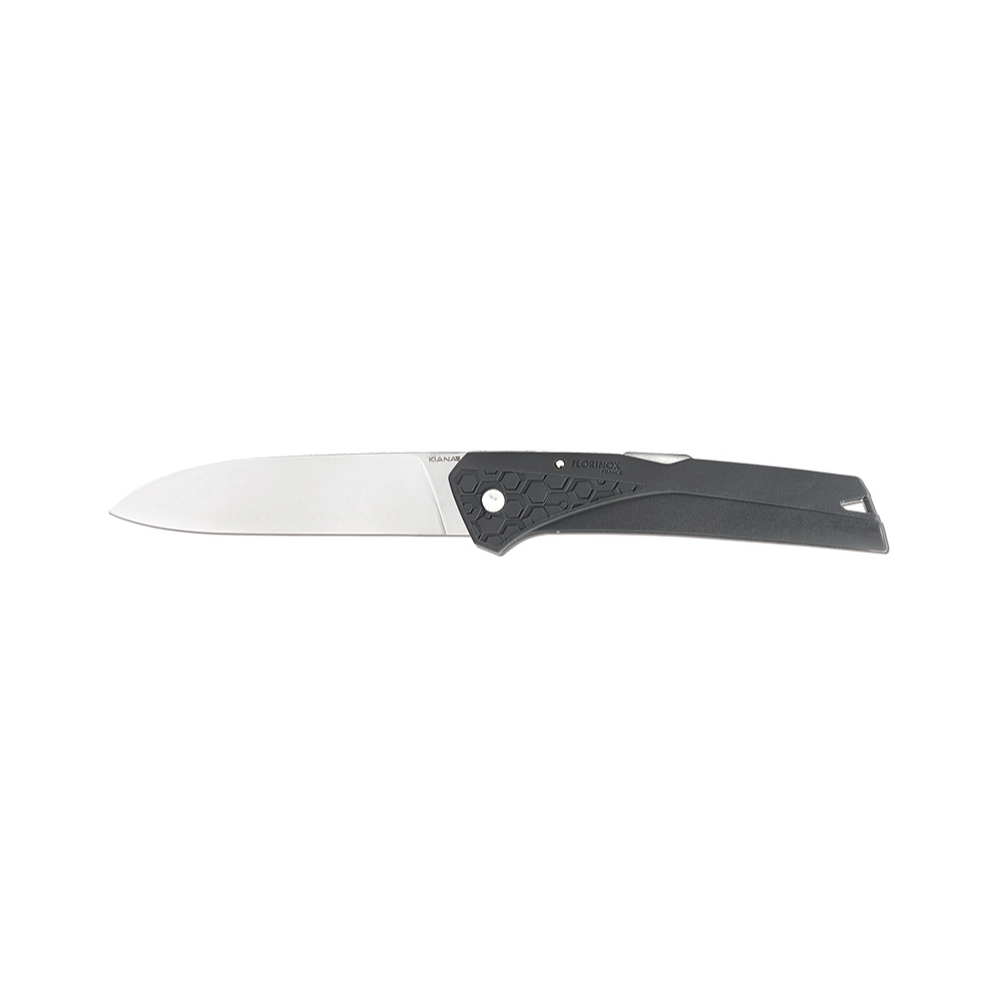 Image du couteau Kiana Origine de Florinox, avec manche en polyamide gris foncé, lame en acier inoxydable noir de 87mm et motif nid d'abeille. Fabriqué en France