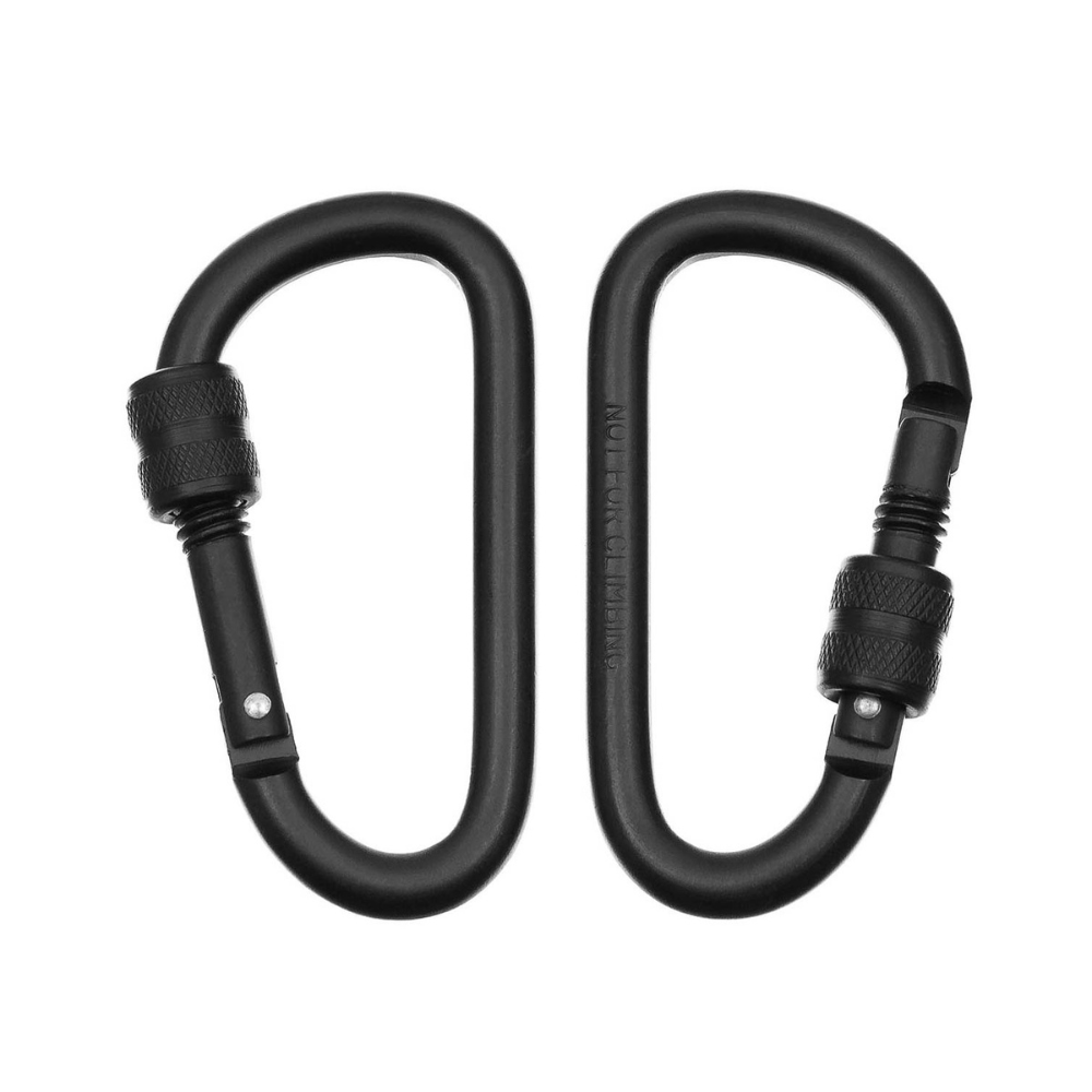 Deux mousquetons carabiner noirs 8cm MFH en aluminium, non adaptés pour l'escalade et le sauvetage