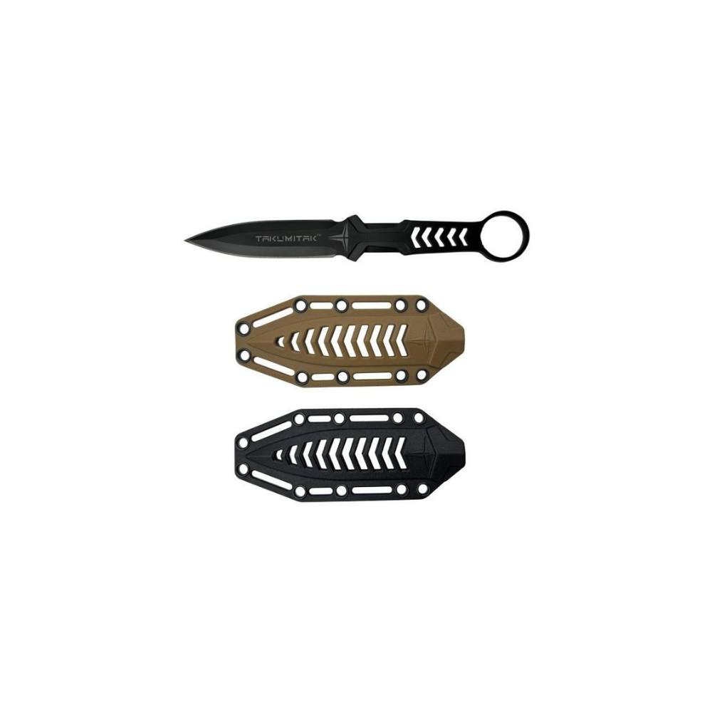 Poignard robuste Missing Screw de Takumitak avec lame Spear Point en acier 3Cr13 et manche à trous, livré avec deux étuis et un clip MOLLE
