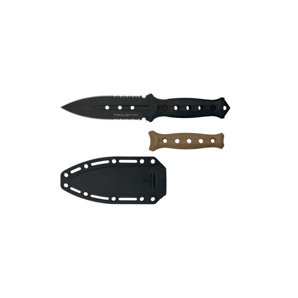 Poignard Unrestricted Takumitak avec lame mixte lisse et dentée, manche à trous et plaquettes interchangeables noir et marron, livré avec étui et clip MOLLE