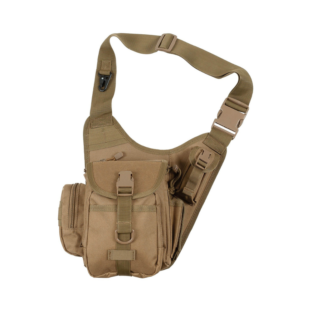 Sac bandoulière Coyote de MFH avec plusieurs poches zippées, compartiments en filet, fermeture à clic et mousqueton en métal, en polyester 100%