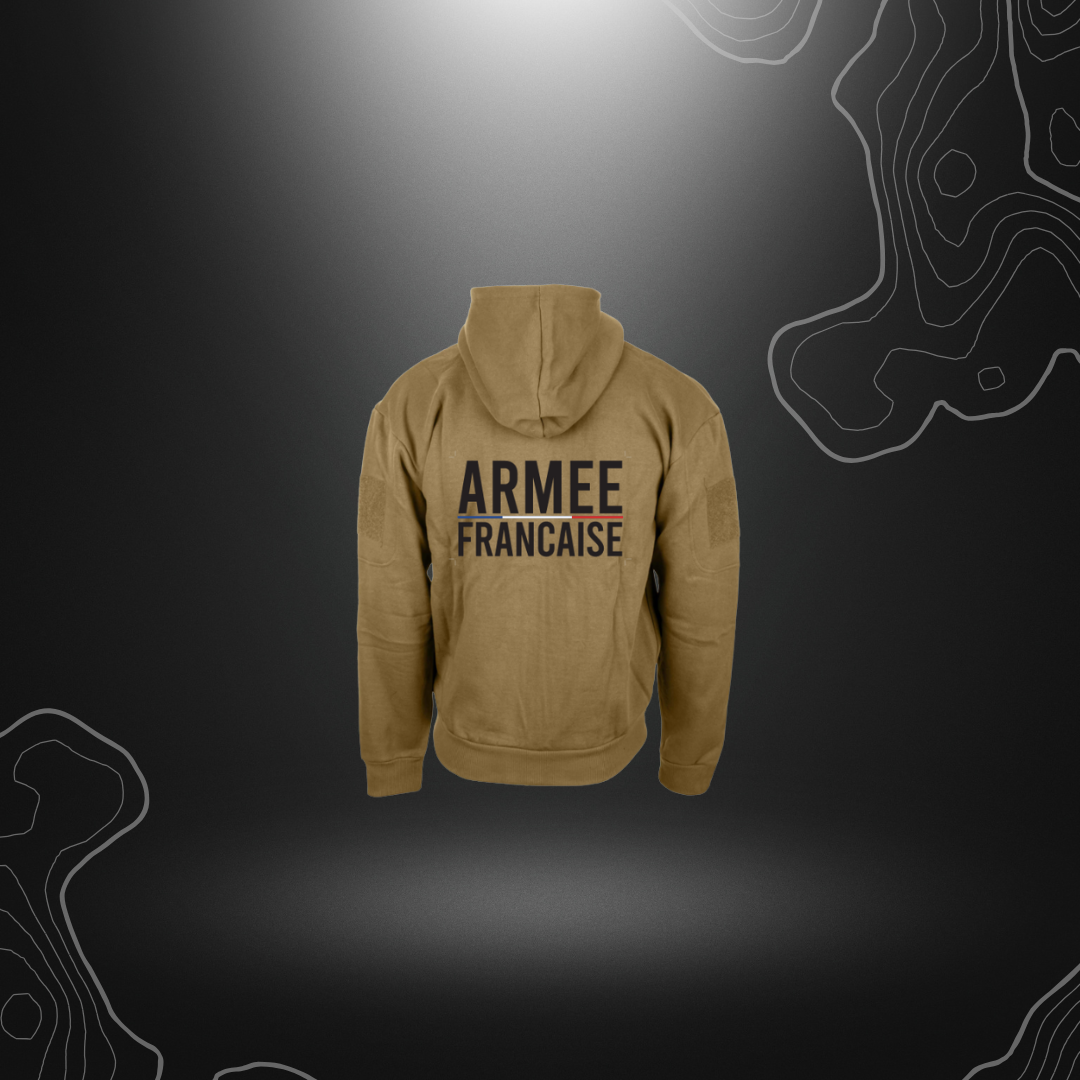 Authentique sweat de l'armée française avec capuche et fermeture à glissière avant, réservé aux personnels de la défense