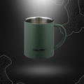 Robuste tasse vert olive Mil-Tec de 450ml en acier affiné incassable et dépoli, hauteur 10,3 cm et diamètre du fond 8,5 cm