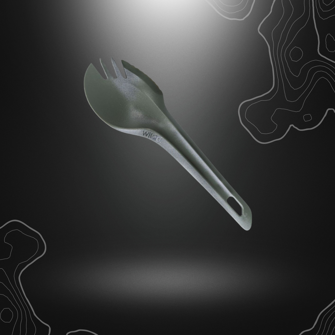 Spork 3 en 1 vert olive Wildo, en plastique PA6 de haute qualité, sans BPA, fabriqué en Suède, mesurant 16,5 x 4,8 x 1,
