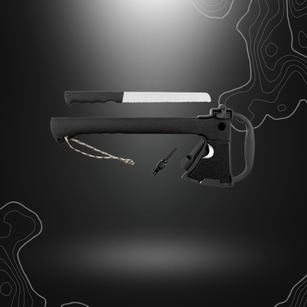 Hache de survie MFH avec manche noir en nylon, lame noircie en inox, couteau intégré et étui, parfaite pour couper des branches et d'autres activités de plein air.