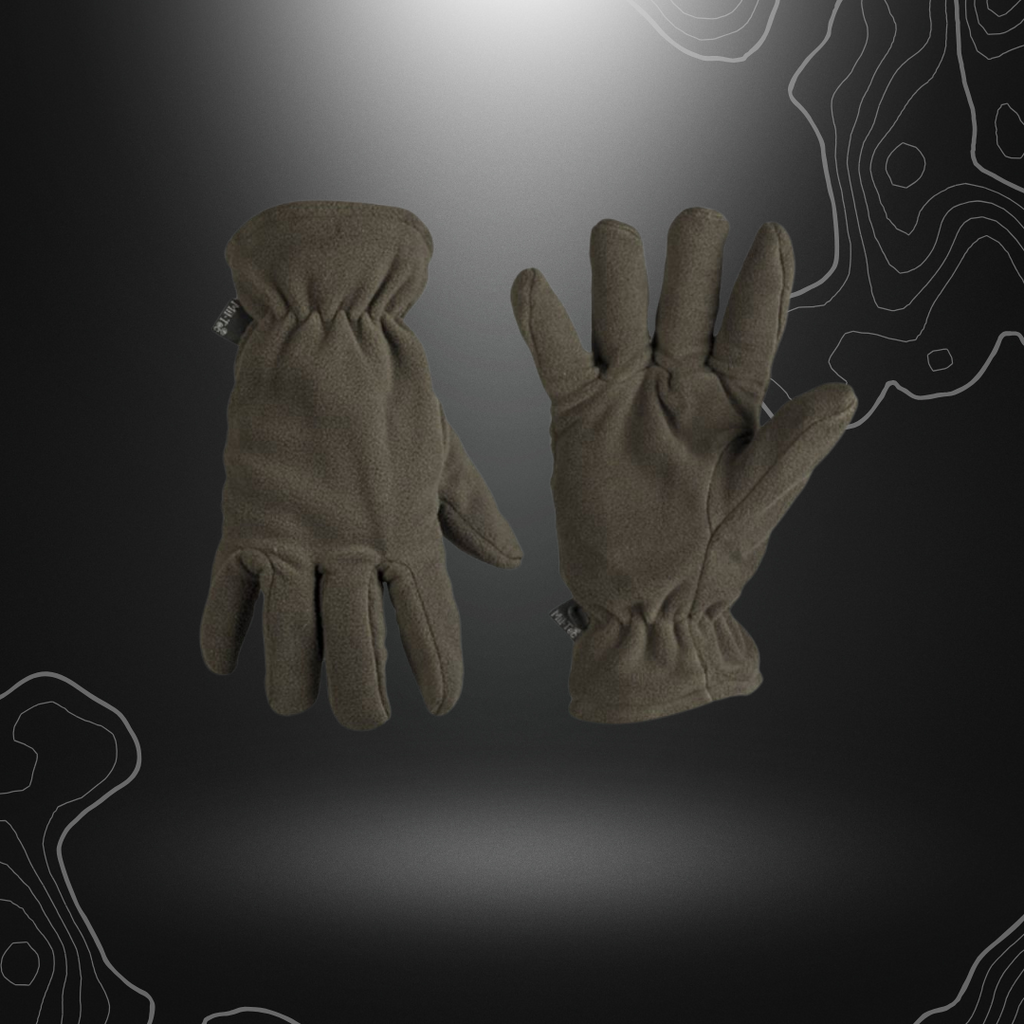 Des gants polaires Thinsulate 3M de couleur vert olive par Mil-Tec, fabriqués à 100% en polyester avec une doublure en polyester, un rembourrage Thinsulate et un élast