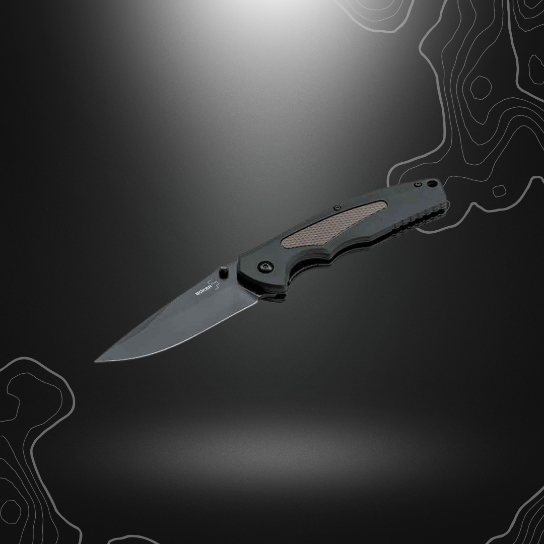 Balise alt : Couteau pliant allemand Böker Plus Gemini NGA en version Black Coyote, avec manche noir et marron en GFN et lame robuste en acier D2