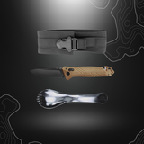 Pack complet Tatoo Cac Tan par TB Outdoor comprenant un couteau pliant, une cuillère fourchette en inox poli et un étui textile noir