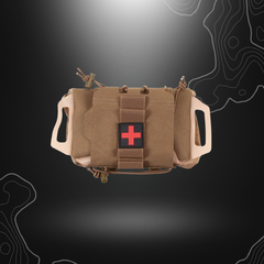 Poche Molle Tactique IFAK Coyote de MFH, comprenant deux pièces avec accès rapide, plusieurs compartiments, surface auto-agrippante et robustes poignées, idéale pour le stock