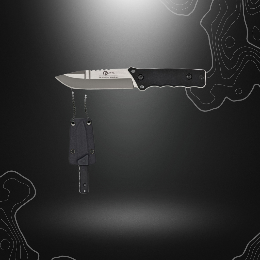 Couteau tactique K25 avec lame en acier inox revêtue de titane, manche en G10 et étui kydex
