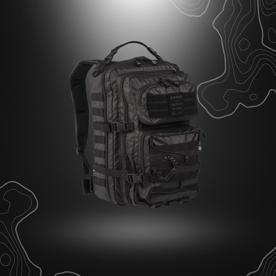 Sac à dos tactique US Assault noir de 36L de Mil-Tec avec rembourrage en mousse EVA, nombreux compartiments et fonctionnalités, étanche