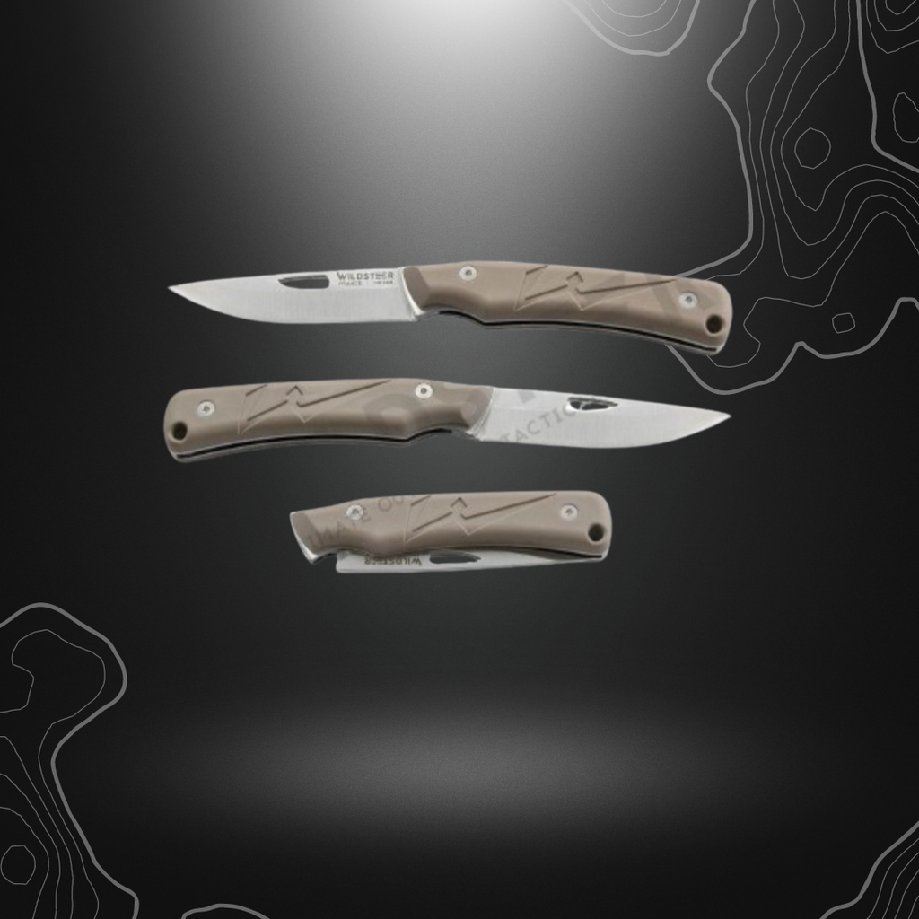 Couteau de poche K-NIF lame pliante Coyote de Wildsteer avec manche en Tactiprène pour une prise en main optimale, idéal pour les activités de plein air comme la randonnée
