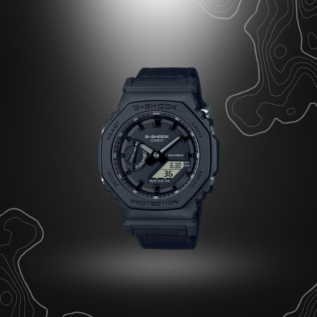 Montre-bracelet G-Shock GA-2100BCE noire de Casio avec cadran en verre minéral, boîtier en résine, bracelet en tissu Cordura et multiples fonctionnalités