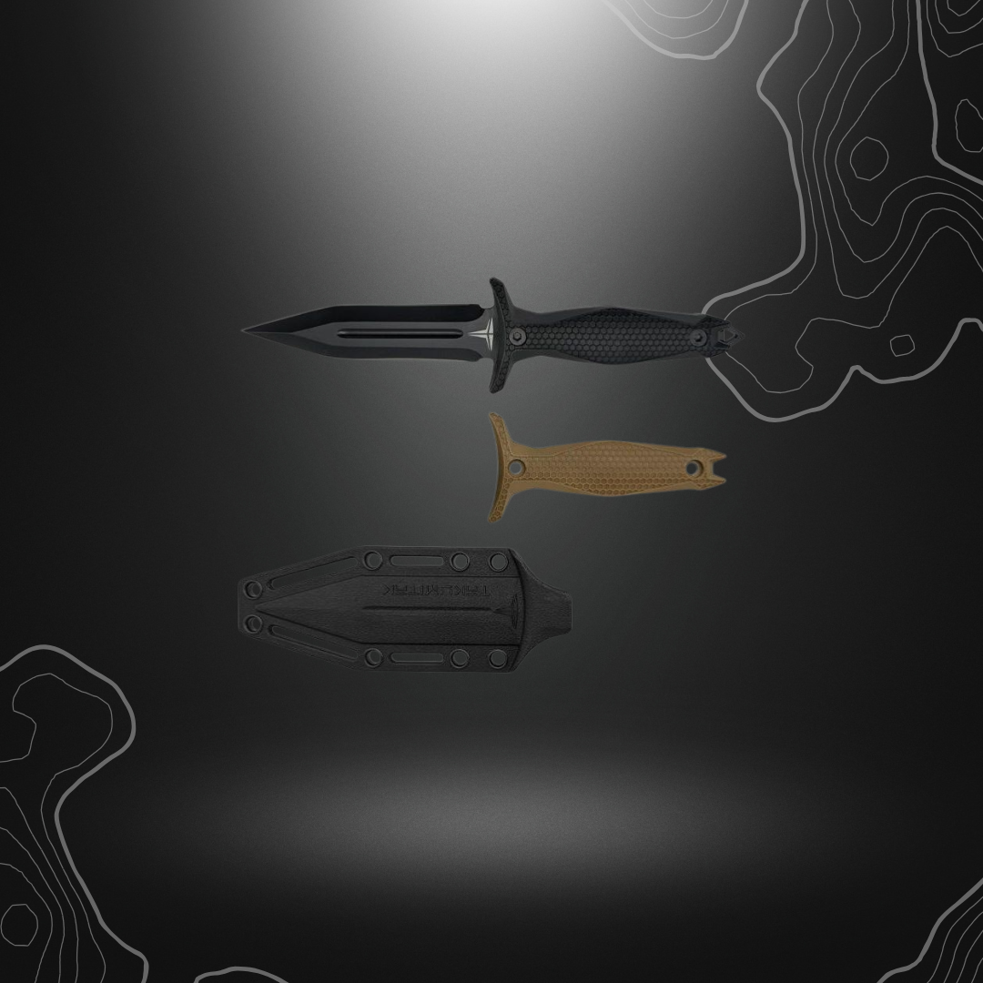 Poignard Protector Takumitak avec lame Spear Point en acier 3Cr13 et manche interchangeable en FRN noir et marron