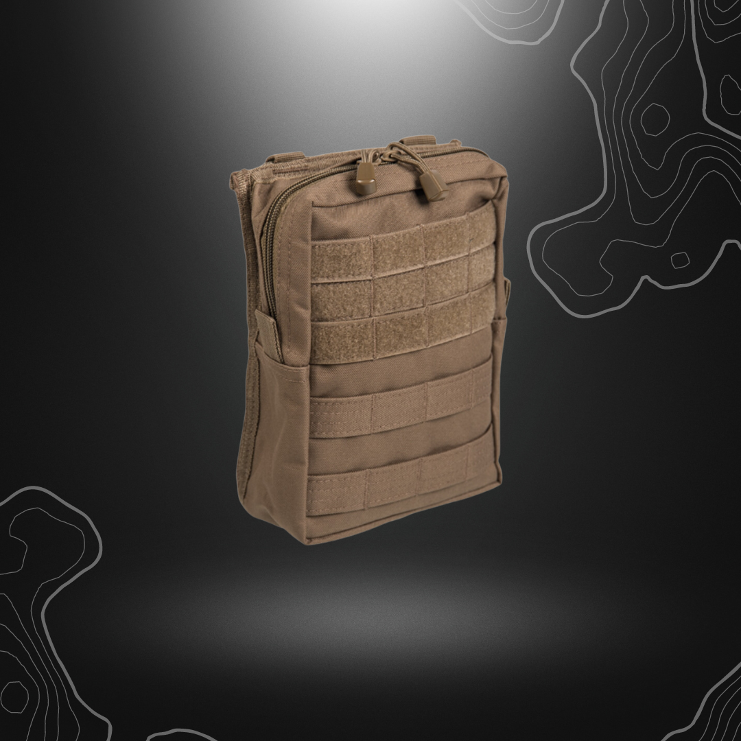Grande poche ceinture MOLLE en polyester couleur coyote avec système de fixation, fermeture zip et compartiments internes, par MIL-TEC