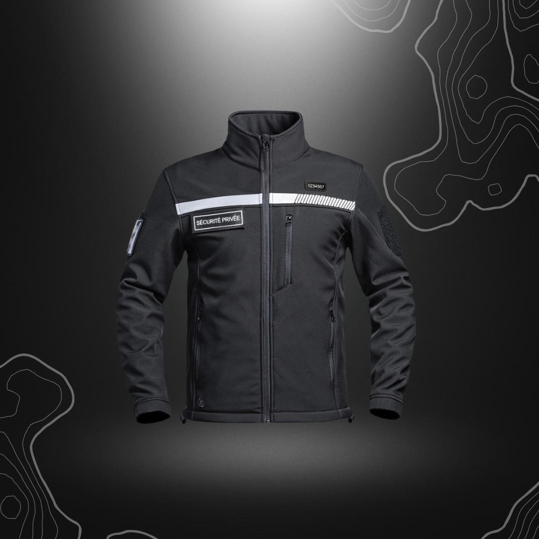 Veste Softshell Sécu-One HV-Tape pour sécurité privée noire de A10 Equipment, avec technologie Heat Protect et Hard-Shell pour une isolation thermique optimale