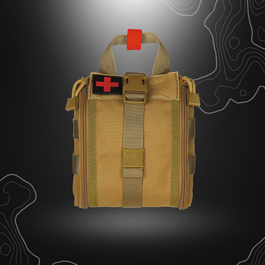 Poche Molle premiers secours IFAK Coyote - MFH avec système Molle latéral, sangle de sécurité réglable, poignée de transport et plusieurs poches internes, en polyester 100%