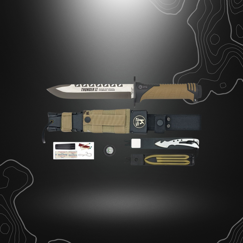 Poignard tactique Thunder II Camo Sable avec lame fixe de 16.8 cm, manche caoutchouté antidérapant, kit de survie intégré et étui camouflage
