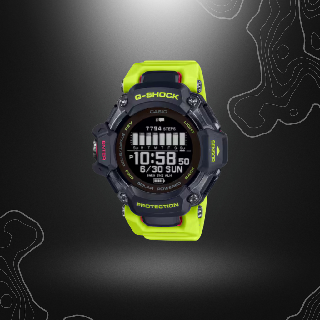 Montre sportive G-Shock GBD-H2000-1A9ER en vert fluo de Casio avec cardiofréquencemètre, GPS et capteurs d'entraînement.