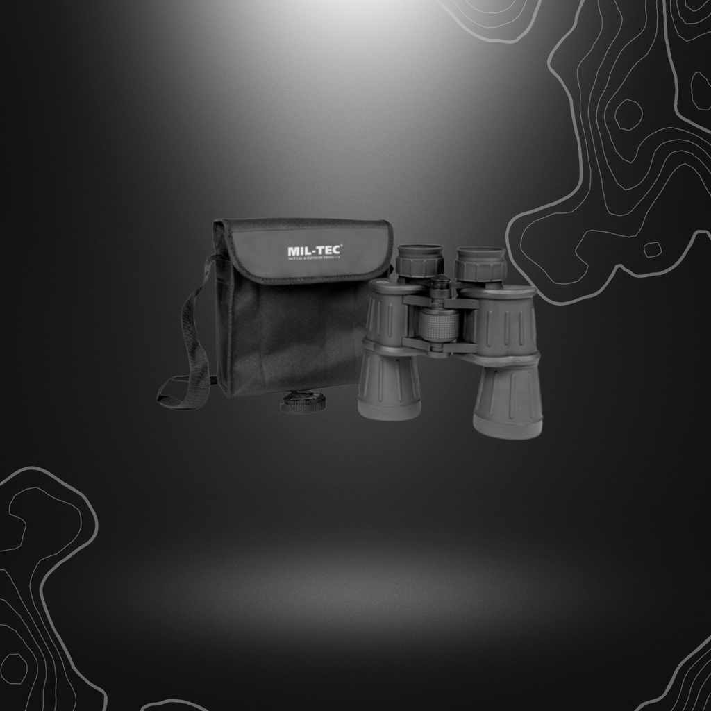 Jumelles Militaires Mil-Tec 7x50 gainées en caoutchouc noir avec étui en nylon, hauteur 18cm, largeur 19cm, diamètre d'objectif 50mm,