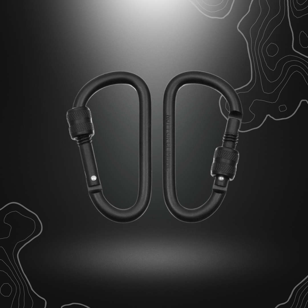 Deux mousquetons carabiner noirs de 8 cm en aluminium de marque MFH, non adaptés pour l'escalade et le sauvetage
