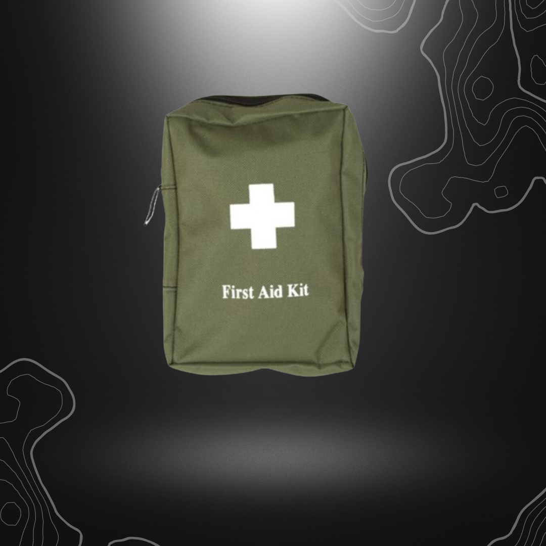 Grande trousse de secours First Aid Kit vert olive de Mil-Tec, incluant ciseaux, coton-tige, pincette, lingettes d'alcool, sparadraps, bande élastique, bandes