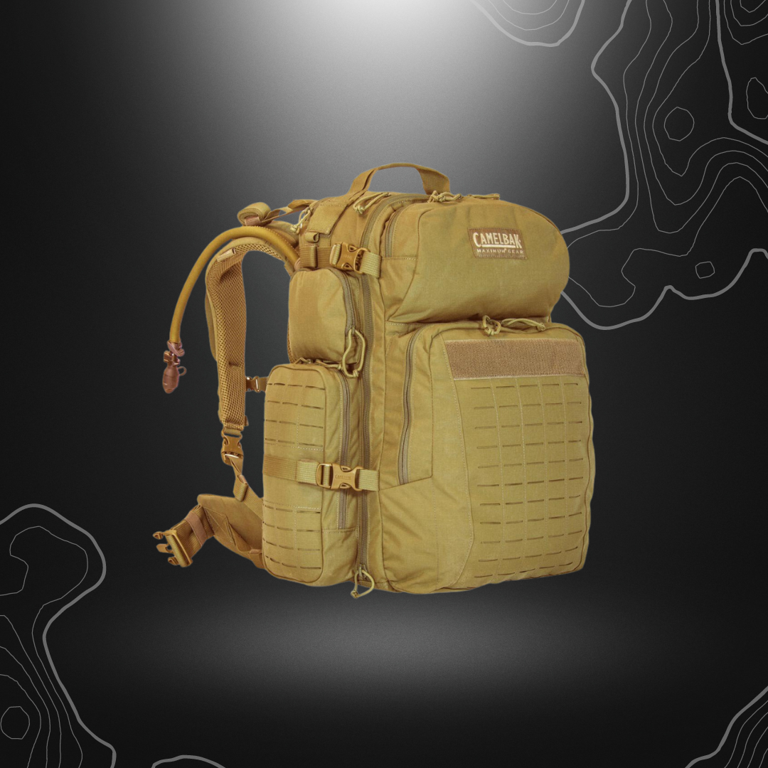 Sac à dos BFM Futura V3.1 Tan de Camelbak avec poches multiples, poche d'hydratation Antidote de 3 litres, résistant à l'eau et système de fixation universel MOLLE