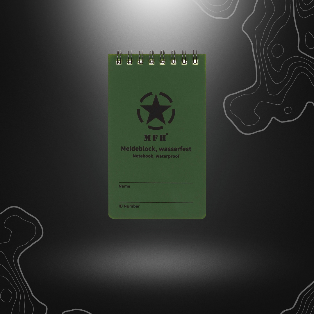 Petit carnet étanche vert olive MFH de 7.5 x 13 cm avec 50 feuilles résistantes à l'eau