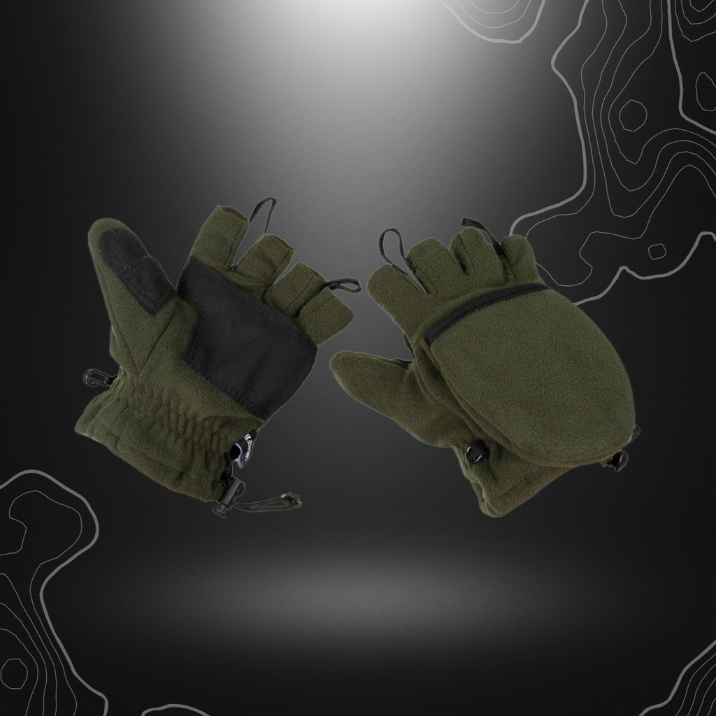 Mitaines polaires vert olive MFH avec protège-doigt pliable et bande Velcro, cordon de serrage élastique au poignet, 100% polyester