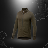 Veste Gilet Full Zip 400 Ulle Frotté Vert Olive Woolpower avec col haut, dos long et logo tricoté, en laine mérinos, polyamide et élasthanne