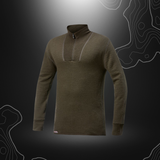 Gilet zip turtleneck vert olive en laine mérinos de Woolpower avec fermeture éclair courte et tricot circulaire sans coutures longitudinales